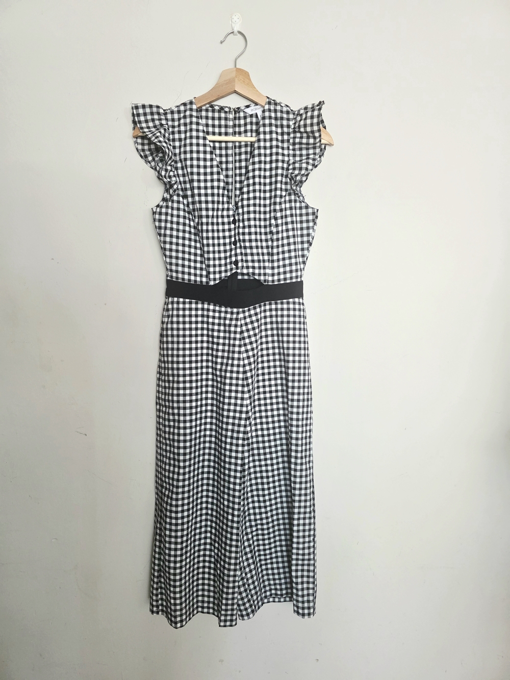 Black and White Gingham Flutter Sleeve Jumpsuit, Keyhole Detail S